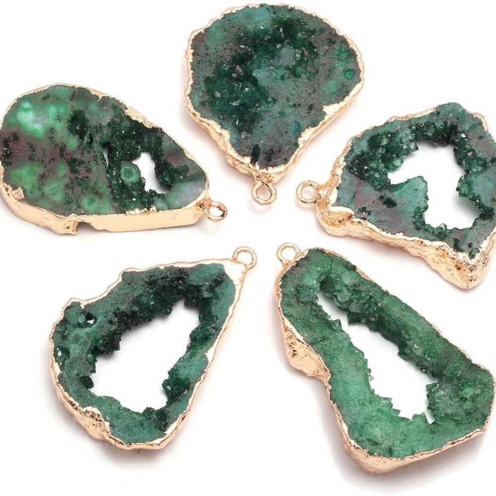 natural stone pendant irregular plated gold edge druzy green crystal agate stone